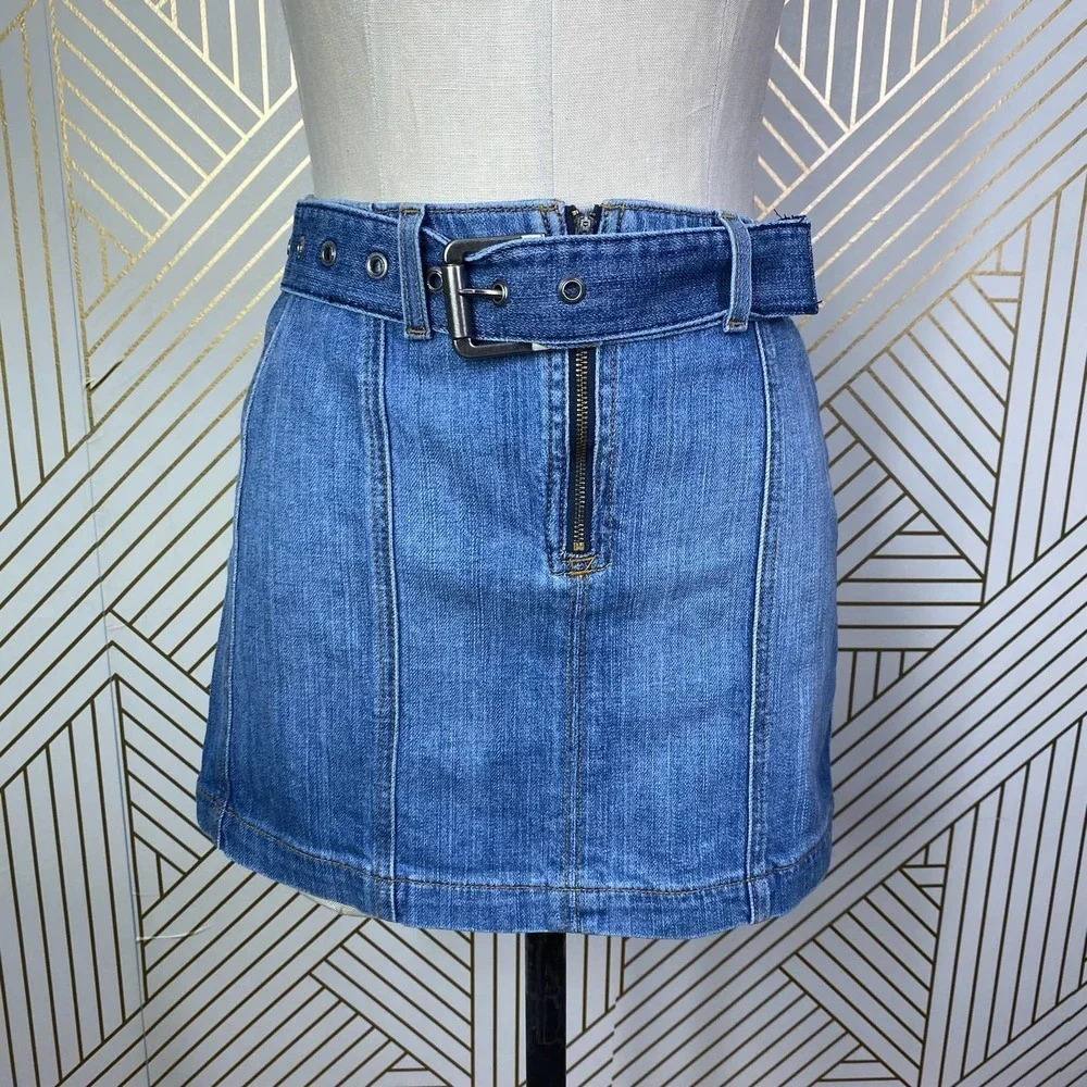 Carmar Belted Zip Front Denim Jean Mini Skirt in Blue Size US 27